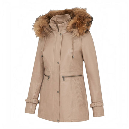 Womens Beige Warm Leather Hooded Parka Jacket-Northwich