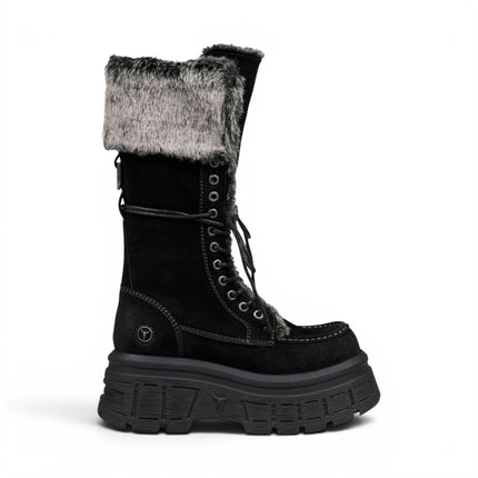 Windsorsmith Women's Black Suede Leather Platform Combat Fur Boots - Saintly