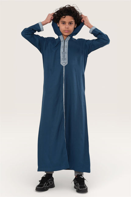 Kids Boys Aqua Blue Eid Hooded Moroccan Thobe Robe Djellaba Ramadan Jubba- K-HM3