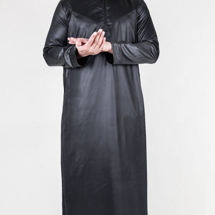 Men's Black Thobe Robe Satin Emirati Islamic Jubba Eid Regular Fit