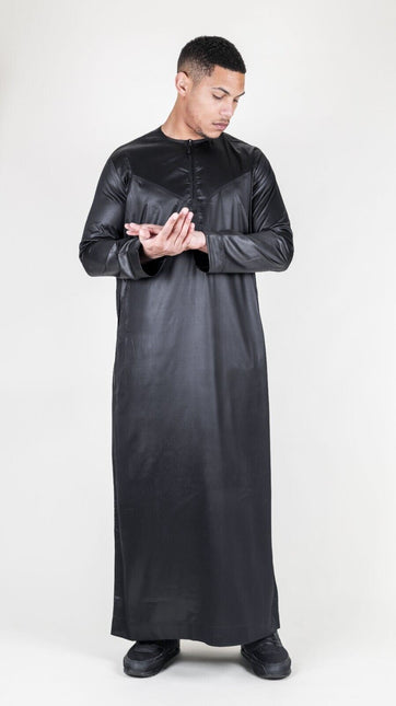 Men's Black Thobe Robe Satin Emirati Islamic Jubba Eid Regular Fit
