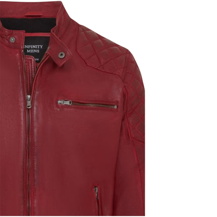 Mens Red Leather Quilted Shoulder Biker Jacket - Rock