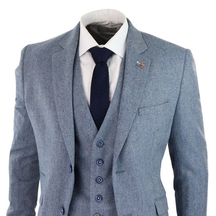 Mens 3 Piece Light Blue Tweed Tailored Fit Retro Classic Suit