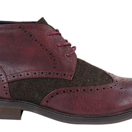 Mens Classic Tweed Oxford Brogue Ankle Boots In Wine Leather