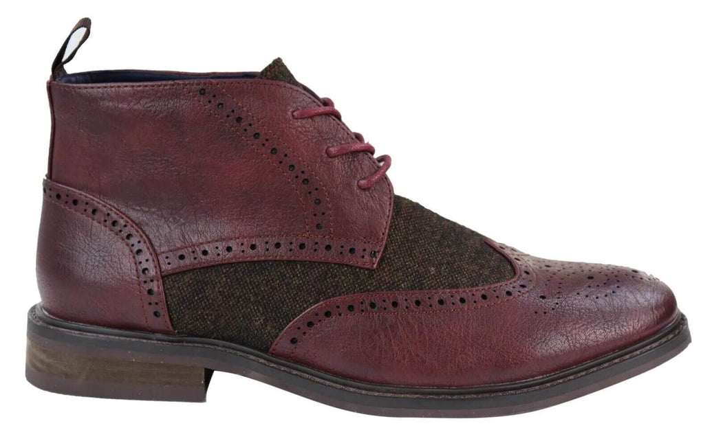 Mens Classic Tweed Oxford Brogue Ankle Boots In Wine Leather