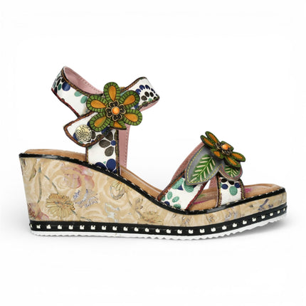 Laura Vita Women's Ballon 08 Beige Floral Leather Wedge Espadrille Sandals