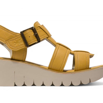 Fly London Women's Yudd236Fly Bumblebee Yellow Mousse Leather Wedge Sandals