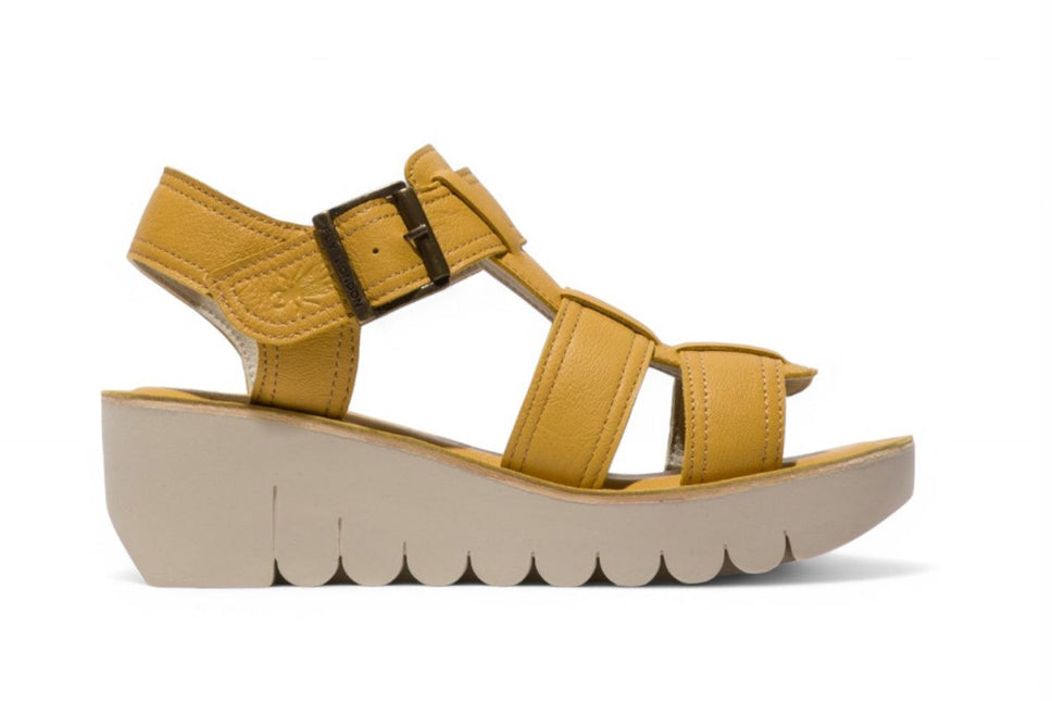 Fly London Women's Yudd236Fly Bumblebee Yellow Mousse Leather Wedge Sandals