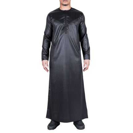 Men's Black Thobe Robe Satin Emirati Islamic Jubba Eid Slim Fit