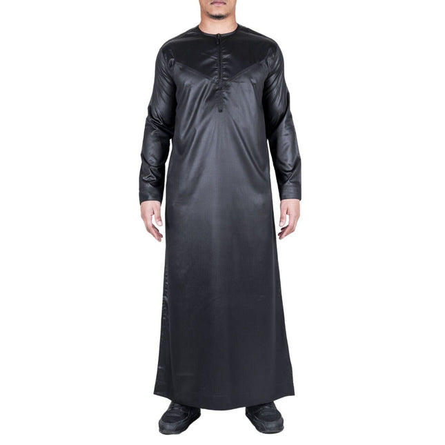 Men's Black Thobe Robe Satin Emirati Islamic Jubba Eid Slim Fit