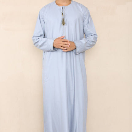 Mens Blue Thobe Jubba Saudi Islamic Arab Eid Emirati Kaftan Jubbah Tassel Robe