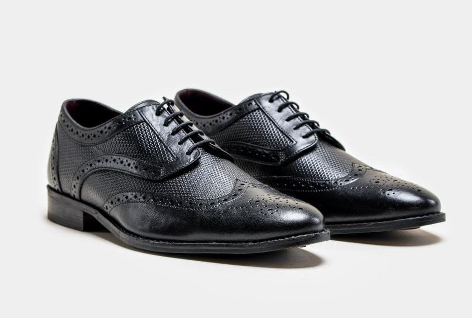 Mens Classic Oxford Brogue Shoes In Patterned Black Leather