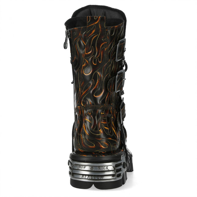 New Rock M-591-C62 Mid-Calf High Black Flame Leather Metallic Gothic Boots