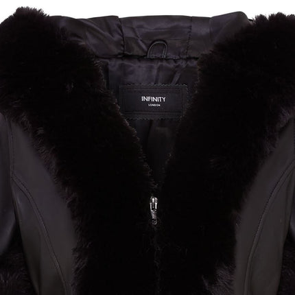 Womens Flared Black Luxury Leather Hooded Cape Coat With Fur