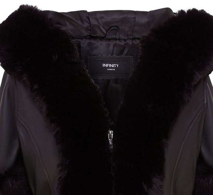 Womens Flared Black Luxury Leather Hooded Cape Coat With Fur