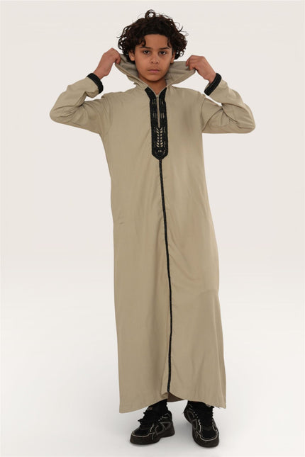 Kids Boys Grey Eid Hooded Moroccan Thobe Robe Djellaba Ramadan Jubba- K-HM3