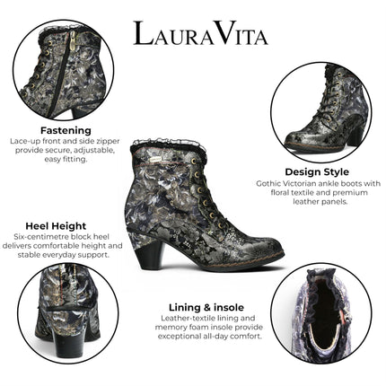 Laura Vita Women's Floral Goth Victorian Black Leather Heeled Ankle Boots - Alcizeeo-190