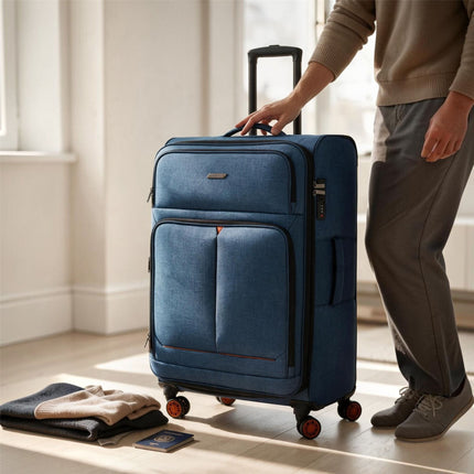 Soft Shell Blue Linen Suitcase Set 8 Wheel Lightweight Travel Luggage