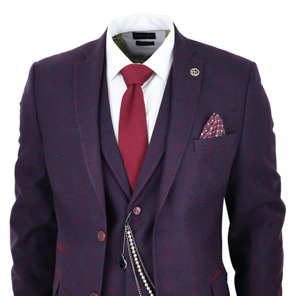 Mens 3 Piece Tweed Suit Plum Purple Check Peaky Blinders Classic 1920 Gatsby