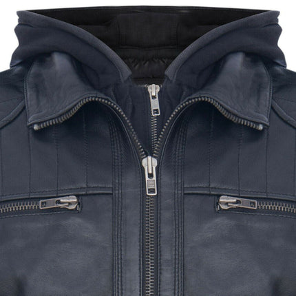 Mens Black Hooded Leather Biker Jacket-Salvador