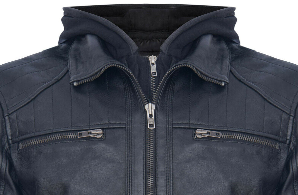 Mens Black Hooded Leather Biker Jacket-Salvador
