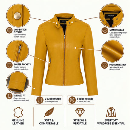Womens Yellow Leather Stand Collar Racer Biker Jacket - 181