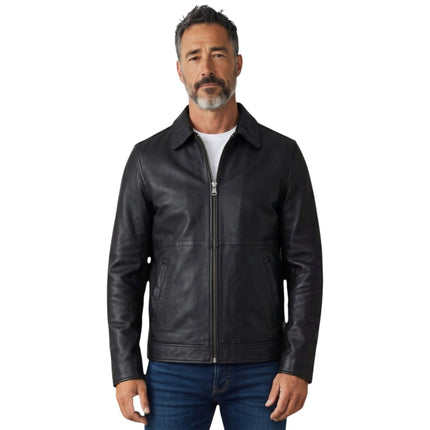 Mens Leather Black Harrington Collar Biker Jacket - Alpha