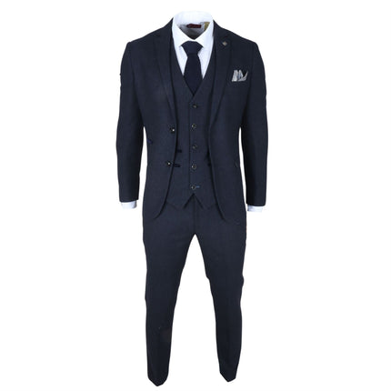 Men's Navy Blue Wool Blend Tweed 3 Piece Formal Suit