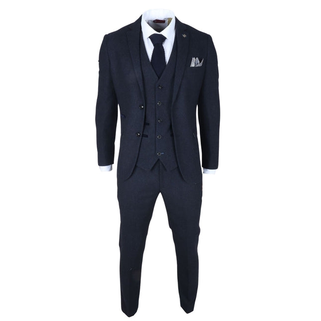Men's Navy Blue Wool Blend Tweed 3 Piece Formal Suit