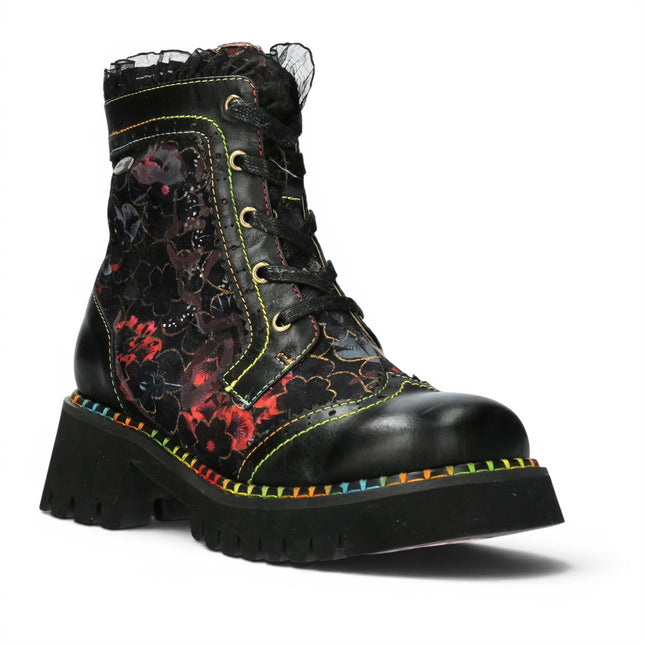 Laura Vita Women's Gothic Floral Black Leather Combat Boots - Oyao-11