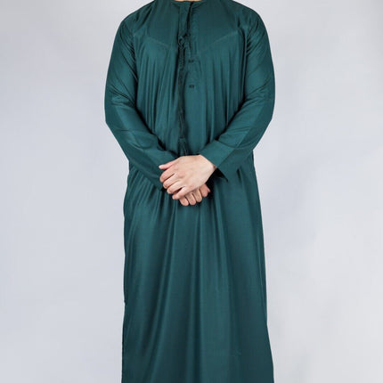 Men's Green Thobe Emirati Islamic Jubba Robe Eid Tassel Slim Fit