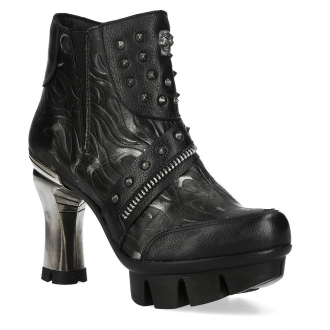 New Rock Womens Neopunk001-C19 Black Gothic Heeled Punk Leather Ankle Boots