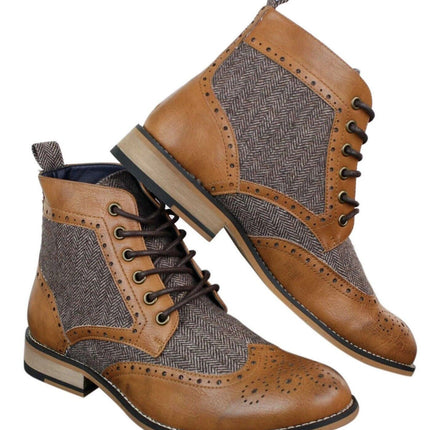 Mens Classic Tweed Oxford Ankle Boots In Tan Leather