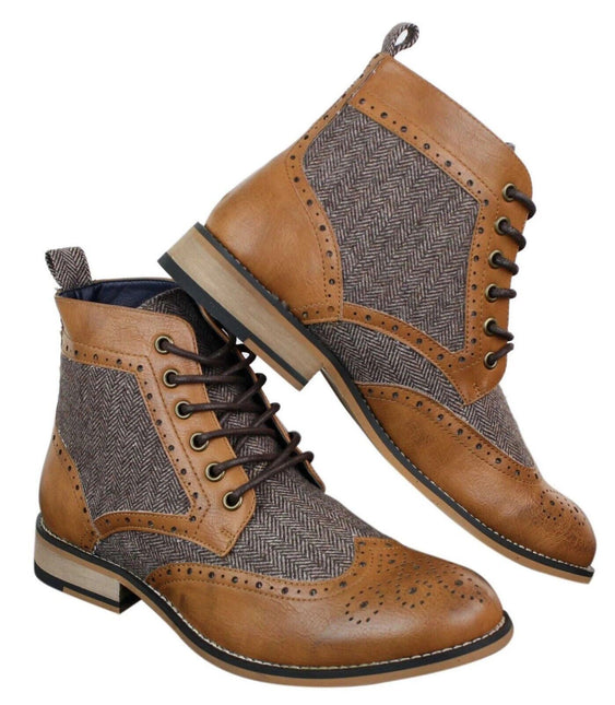 Mens Classic Tweed Oxford Ankle Boots In Tan Leather