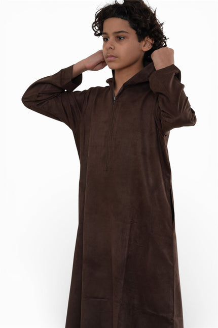 Kids Boys Hooded Eid Brown Moroccan Jubba Robe Ramadan Eid Thobe - K-HM12