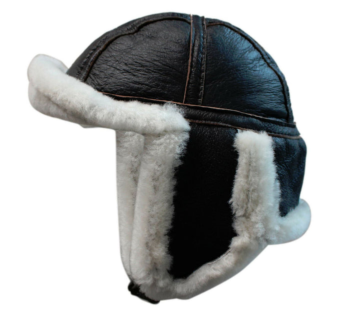 Men's B3 Brown Cream RAF Aviator Sheepskin B-55 WW2 Trapper Flying Hat