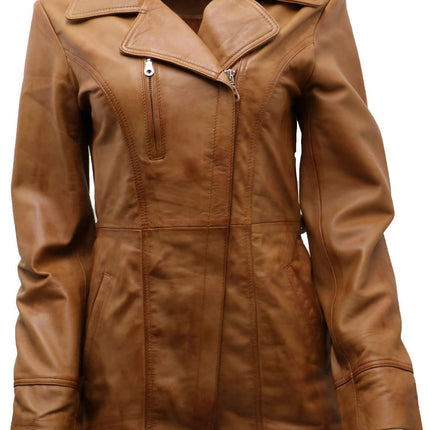 Womens Leather Long Biker Jacket-Muscat