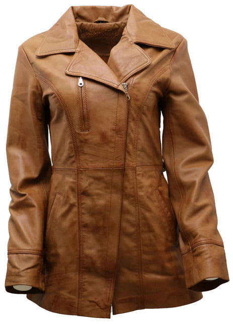 Womens Leather Long Biker Jacket-Muscat