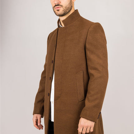 Men's Brown Stand Collar Wool Blend Overcoat