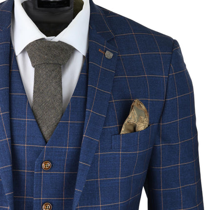 Mens 3 Piece Suit Blue Gold Check Peaky Blinders 1920 Gatsby Smart Vintage Suit
