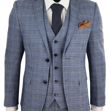 Mens 3 Piece Blue Grey Tweed Check Vintage Retro Suit