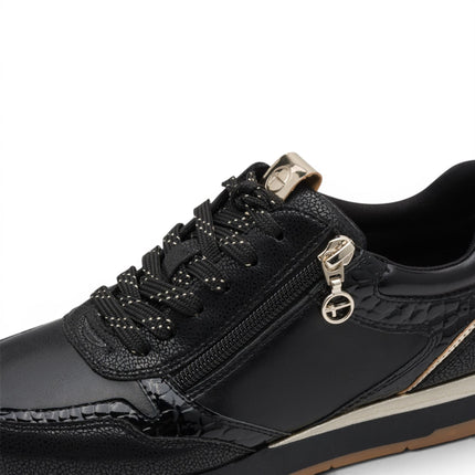 Tamaris Womens Black Faux Leather Fashion Lace Up Sneakers - 23613-46