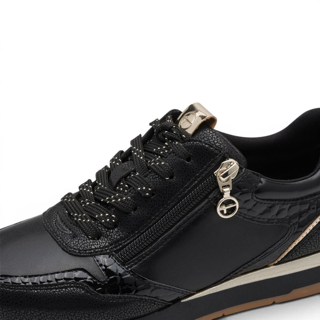 Tamaris Womens Black Faux Leather Fashion Lace Up Sneakers - 23613-46