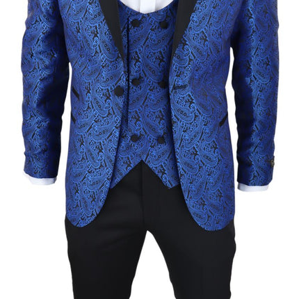 Mens Blue Tuxedo Blazer Waistcoat Brocade Black Satin Paisley Dinner Jacket