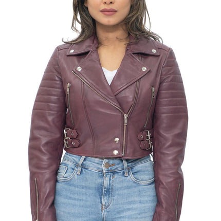 Womens Cropped Brando Leather Biker Jacket-Damascus