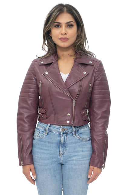 Womens Cropped Brando Leather Biker Jacket-Damascus