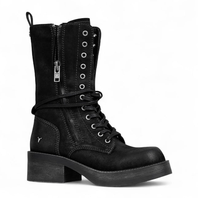 Windsorsmith Womens Black Suede Combat Boots Mid-Calf Lace-Up Biker Shoes - Gather
