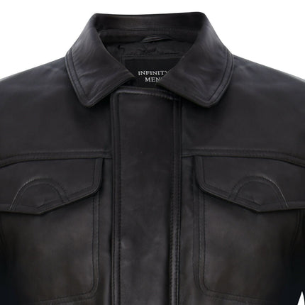 Mens Black Leather Safari Jacket-Porto