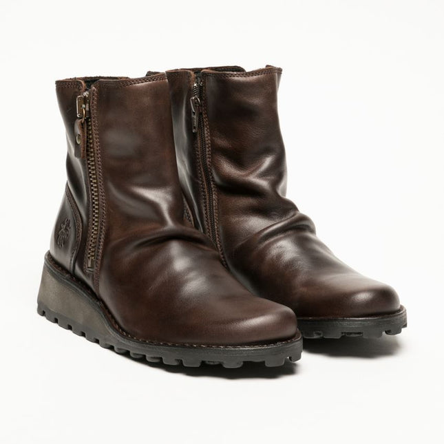 Fly London Womens Brown Mon944 Leather Wedge Heel Ankle Zip Up Chelsea Boots
