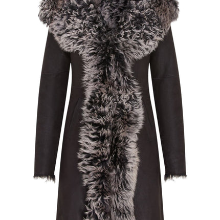 Womens Black Toscana Sheepskin Leather Hooded Trench Coat - Coast